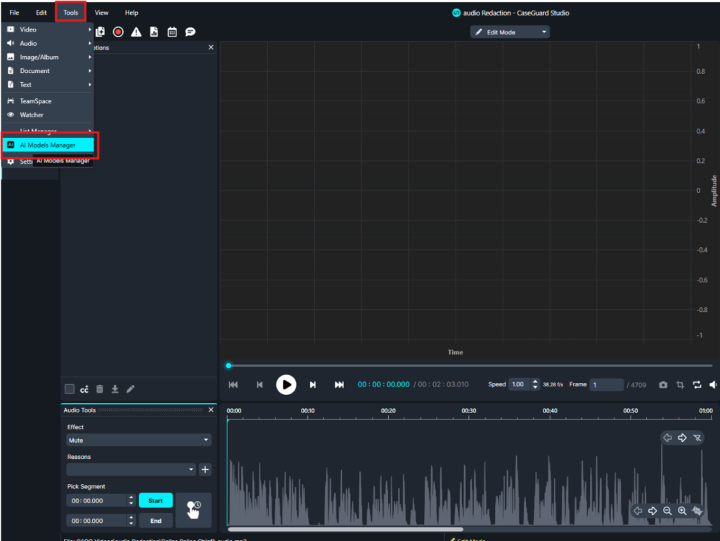 Software screenshot of CaseGuard Studio UI with the Tools menu open; AI Models Manager option is highlighted on the left panel.