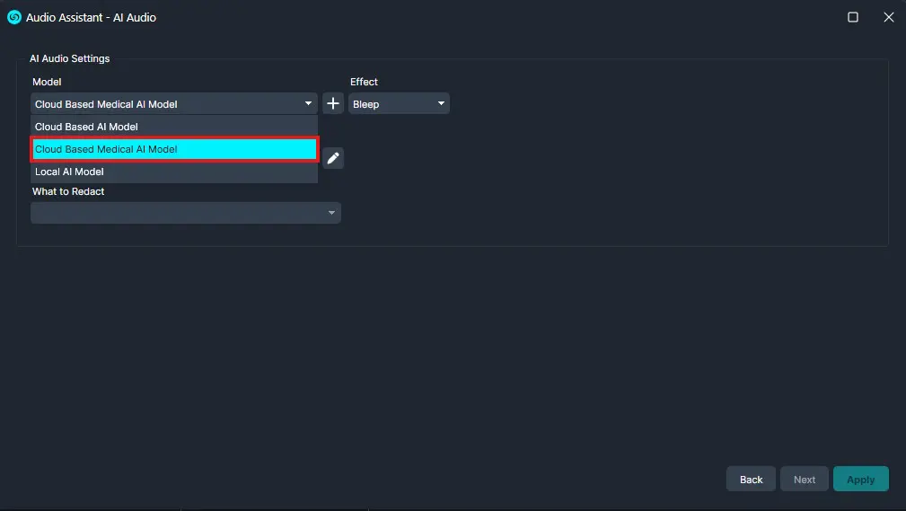AI Audio Settings dialog with Cloud Based Medical AI Model selected, effect set to Bleep, What to Redact dropdown, and Apply button in the lower-right.
