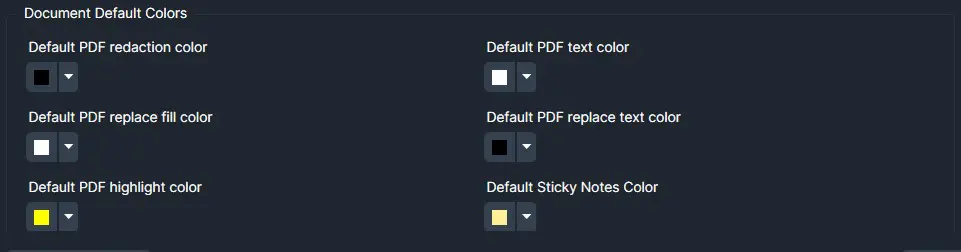 UI panel labeled 'Document Default Colors' for choosing six default PDF colors: redaction (black), text (white), replace fill (white), replace text (black), highlight (yellow), and sticky notes (light yellow). Each option shows a color swatch with a dropdown control on a dark theme.