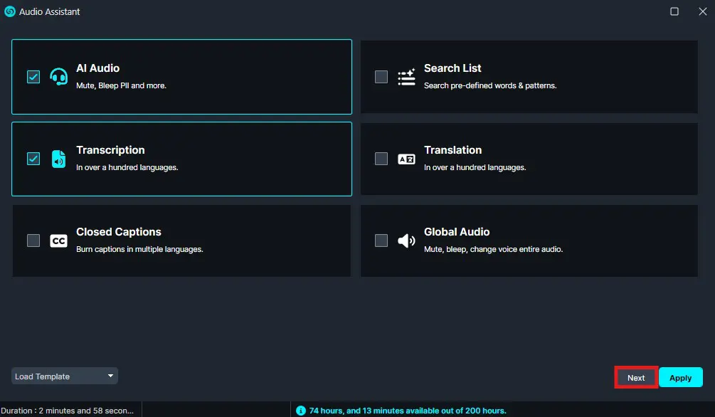 Audio Assistant accessibility panel with AI Audio and Transcription enabled; other options shown: Search List, Translation, Closed Captions, Global Audio; Next button visible.
