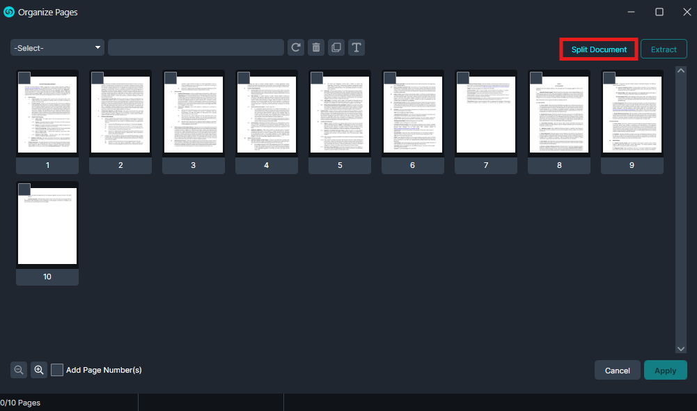 split2 | CaseGuard Screenshot of a page-organizing tool showing 10 document thumbnails and a highlighted Split Document button in the top-right.