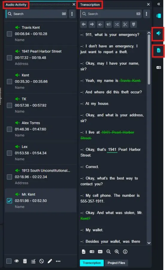 Two-column transcription interface: left panel titled 'Audio Activity' lists contact names with timestamps and checkboxes; right panel titled 'Transcription' shows dialogue text with highlighted edits and blue active tab bar at bottom.