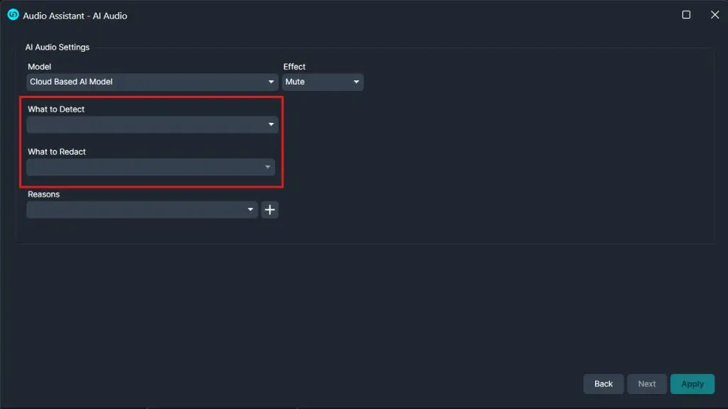 AI Audio Settings panel showing model 'Cloud Based AI Model' set to Mute; two highlighted dropdowns read 'What to Detect' and 'What to Redact'.