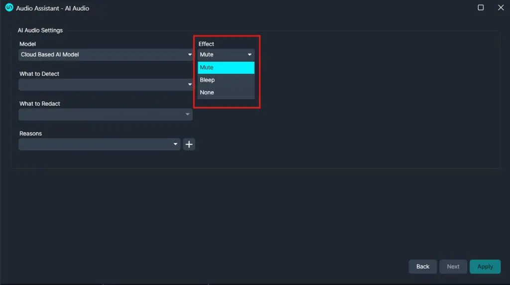 Audio settings window showing AI audio model with Effect dropdown set to Mute (options: Mute, Bleep, None).