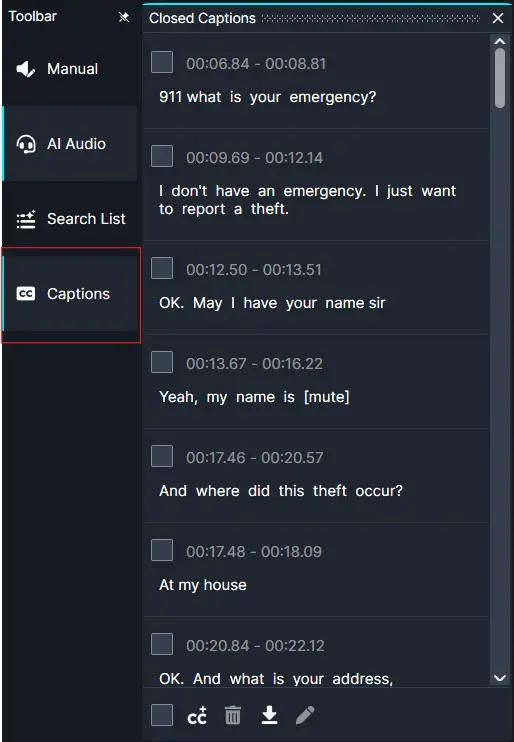 UI of a caption editor: left navigation with Captions highlighted; right pane shows timestamped dialogue lines from a theft emergency transcript.