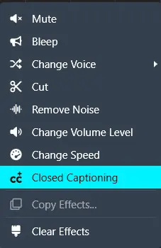 Vertical software menu listing audio effects: Mute, Bleep, Change Voice, Cut, Remove Noise, Change Volume, Change Speed; Closed Captioning highlighted.