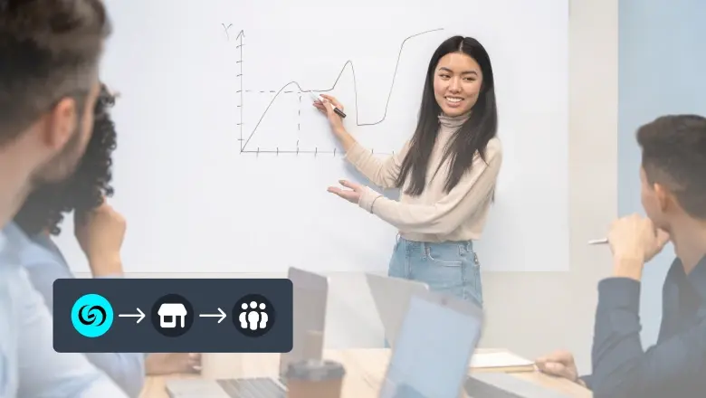 A woman presenting a line graph on a whiteboard to a small team in a meeting room.