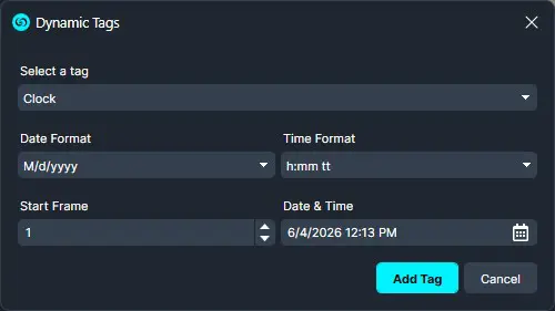 HowtoAddDynamicTagstoVideoFiles-DynamicTags-CLOCK-Window-1 | CaseGuard Dynamic Tags dialog: choose tag 'Clock' with Date Format M/d/yyyy and Time Format h:mm tt; Start Frame 1; Date & Time 6/4/2026 12:13 PM; Add Tag and Cancel buttons.
