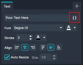 HowtoAddDynamicTagstoVideoFiles-Text-2 | CaseGuard UI typography panel with a text field showing 'Your Text Here' and a highlighted curly braces { } button.