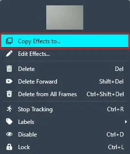 HowtoAddDynamicTagstoVideoFiles-copyEffects-1 | CaseGuard Screenshot of a right-click context menu with 'Copy Effects to...' highlighted in blue/sky cyan.