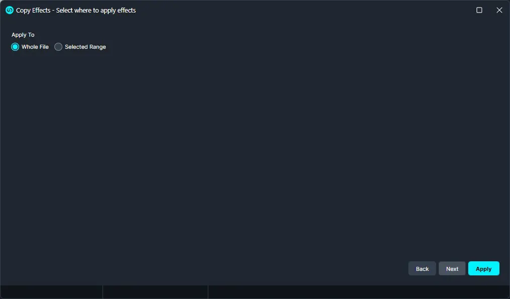 HowtoAddDynamicTagstoVideoFiles-copyEffects-WFoSR | CaseGuard Dialog: Copy Effects – select where to apply effects; options: Whole File or Selected Range; with Back, Next, and Apply buttons.