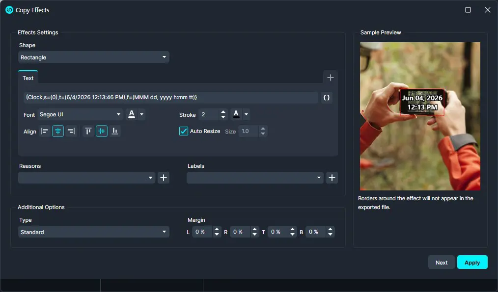 HowtoAddDynamicTagstoVideoFiles-copyEffects-window1 | CaseGuard Copy Effects settings: rectangle text stamp with date/time format and font options; sample preview on the right.