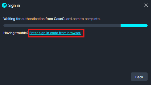 Sign-in dialog waiting for authentication from CaseGuard.com; progress bar indicating progress; instruction 'Enter sign in code from browser' highlighted.