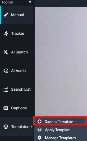 Save-Template | CaseGuard Vertical left toolbar showing Manual, Tracker, AI Search, AI Audio, Search List, Captions, Templates; context menu highlights 'Save as Template' with 'Apply Template' and 'Manage Templates' options.