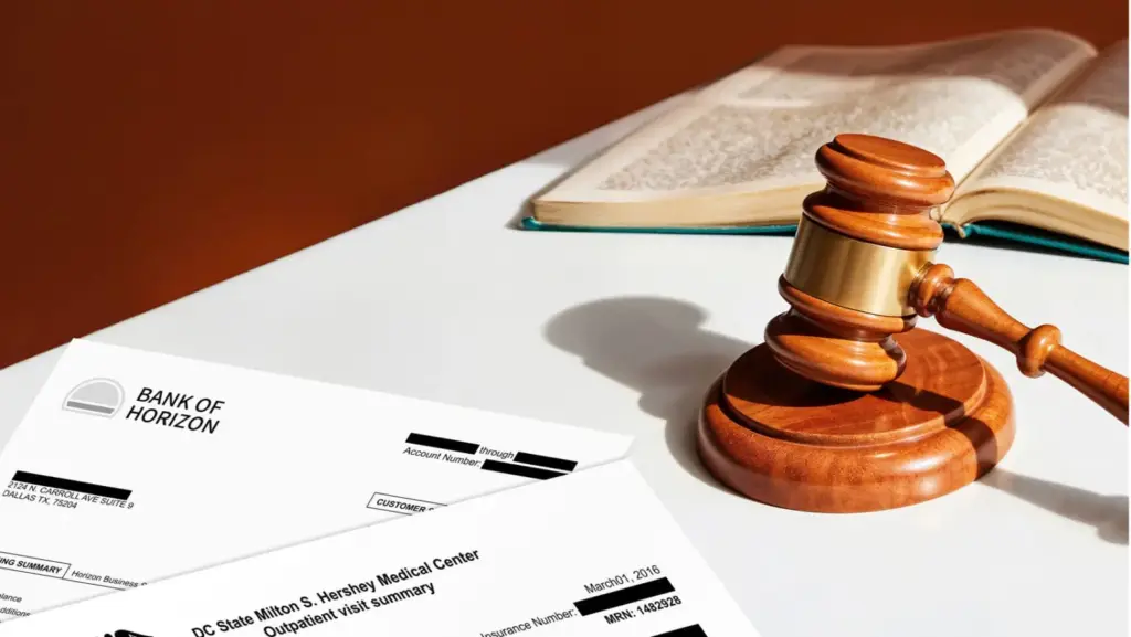 Gavel and law book beside redacted bank and medical documents, illustrating legal requirements for document redaction