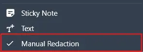 MDR-05 | CaseGuard Context menu with options Sticky Note, Text, and Manual Redaction; Manual Redaction is selected with a checkmark.