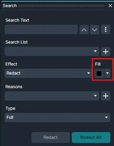 MDR-1 | CaseGuard Screenshot of a redact tool UI: fields for Search Text, Search List, Effect set to Fill with a black color swatch, Reasons, Type set to Full; actions Redact and Redact All