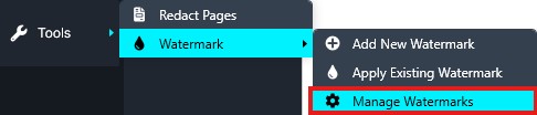 Tools > Watermark menu expanded; 'Manage Watermarks' is highlighted in the option list.