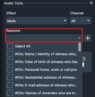 Screenshot of an Audio Tools panel: Mute effect selected for All channels, with an expanded Reasons dropdown listing coded witness-related options (e.g., #01a, #01b).