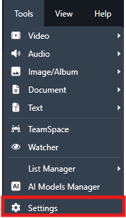 Vertical software menu with multiple options; the'Settings' item is highlighted with a red outline at the bottom.