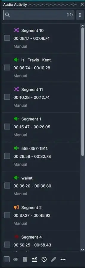 Audio activity panel listing segments with timestamps and 'Manual' status (Segment 10, 11, 1, 2, 4, etc.).