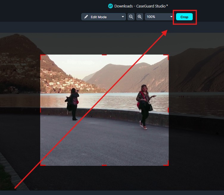 crop-button | CaseGuard Cropping tool UI over a lakeside photo with two people; visible crop selection and a highlighted Crop button.