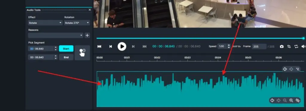 Video editing UI: turquoise waveform timeline with playback controls and a left panel for Start/End markers and rotate tool.