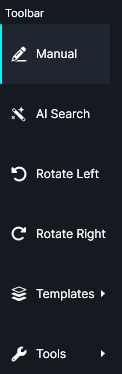 Vertical dark toolbar with menu items: Manual (active, cyan accent), AI Search, Rotate Left, Rotate Right, Templates, Tools.