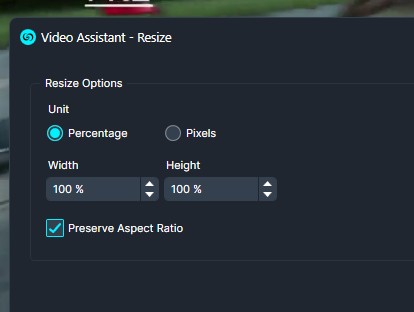 Video Assistant Resize dialog: unit set to Percentage, width and height at 100%, Preserve Aspect Ratio checked.