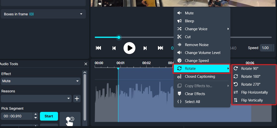 Video editor with a context menu open showing Rotate options (90°, 180°, 270°) and Flip Horizontal/Vertical above a timeline with waveform Papyrus area in the background.