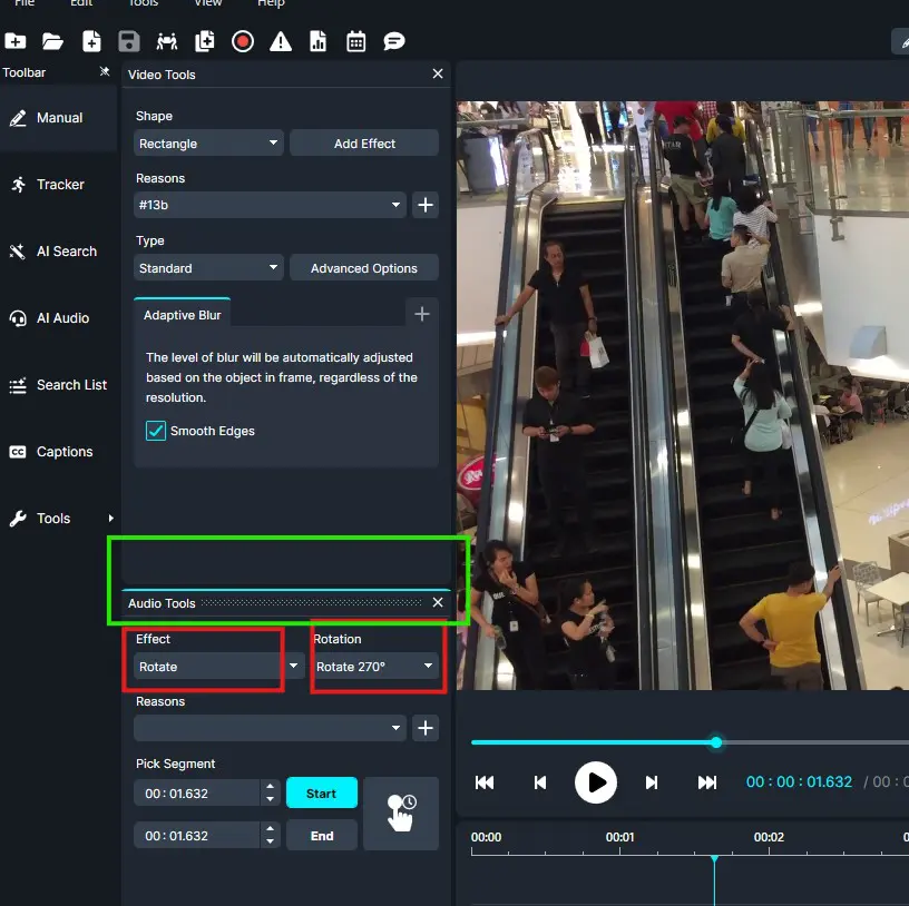 Screenshot of video editing software UI: left panel with Tools and an 'Audio Tools' section highlighted in green; within it, an 'Effect' dropdown set to Rotate and a 'Rotation' dropdown set to Rotate 270°, while the right shows a video preview of people on escalators in a mall.