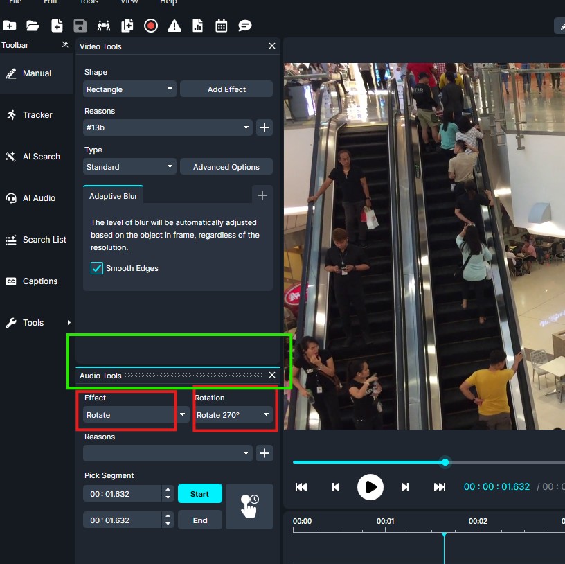 Video editing software interface with an escalator scene in the preview pane and panels for shape, blur effects, and audio tools on the left.