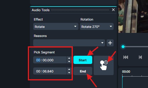 Audio editor: Pick Segment with Start 00:00.000 and End 00:06.840, Start button highlighted, hand cursor nearby.