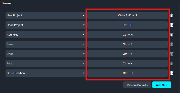 Shortcut editor panel listing actions with keyboard shortcuts and delete icons: New Project (Ctrl+Shift+N), Open Project (Ctrl+O), Add Files (Ctrl+N), Save (Ctrl+S), Undo (Ctrl+Z), Redo (Ctrl+Y), Go To Position (Ctrl+G); includes Restore Defaults and Add New controls at bottom.