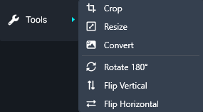 Tools menu with image editing options: Crop, Resize, Convert, Rotate 180°, Flip Vertical, Flip Horizontal.