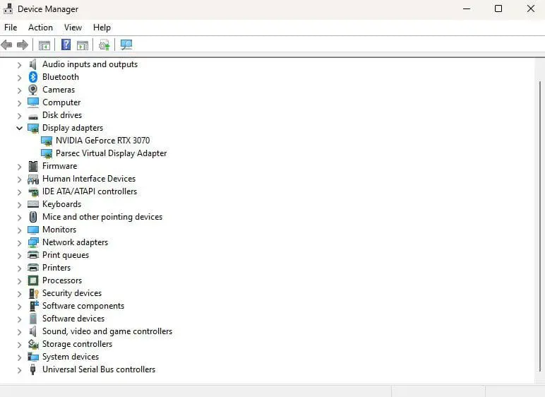 Windows Device Manager window showing hardware categories; Display adapters list includes NVIDIA GeForce RTX 3070 and Parsec Virtual Display Adapter
