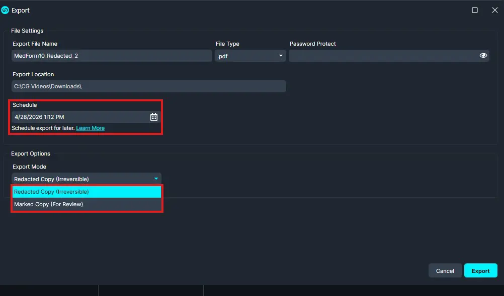 Export dialog showing file name MedForm10_Redacted_2 as a PDF, saved to C:CG VideosDownloads, with a scheduled export for 4/28/2026 1:12 PM and export options including Redacted Copy (Irreversible) and Marked Copy (For Review).