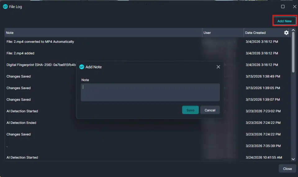 Filee-log 1 | CaseGuard Dark log interface with an highlighted 'Add New' button; a centered 'Add Note' modal showing a text field and Save/Cancel actions.