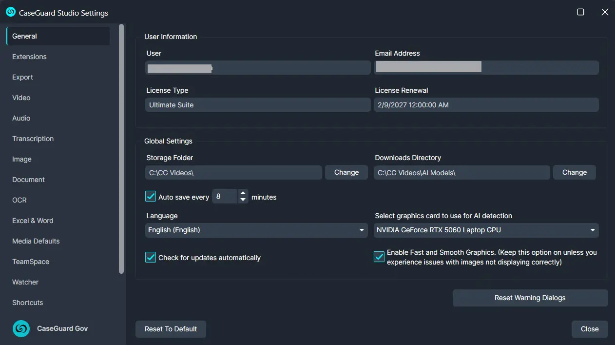 CaseGuard Studio Settings window: General tab with user info, license type and renewal, and global settings on a dark UI.