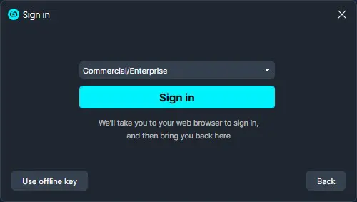How-to-Install-CaseGuard-Studio-on-Your-Device-log-in-1 1 | CaseGuard Sign-in modal: dropdown shows'Commercial/Enterprise', cyan 'Sign in' button, helper text about signing in via browser, with 'Use offline key' and 'Back' buttons.