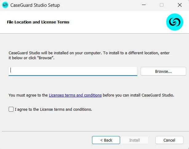 Installlocation | CaseGuard CaseGuard Studio Setup: install location dialog with a path field, Browse button, License terms link, an'I agree' checkbox, and Back, Install (disabled), Cancel buttons.