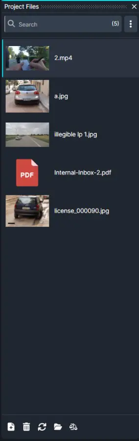 Dark project files panel with a search bar and five items: 2.mp4, a.jpg, illegible lp 1.jpg, Internal-Inbox-2.pdf, license_000090.jpg, on a vertical list.