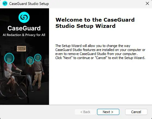 Setup | CaseGuard CaseGuard Studio Setup Wizard welcome screen with logo and a left image of people, and the title'Welcome to the CaseGuard Studio Setup Wizard' with setup instructions; Next and Cancel buttons at the bottom.