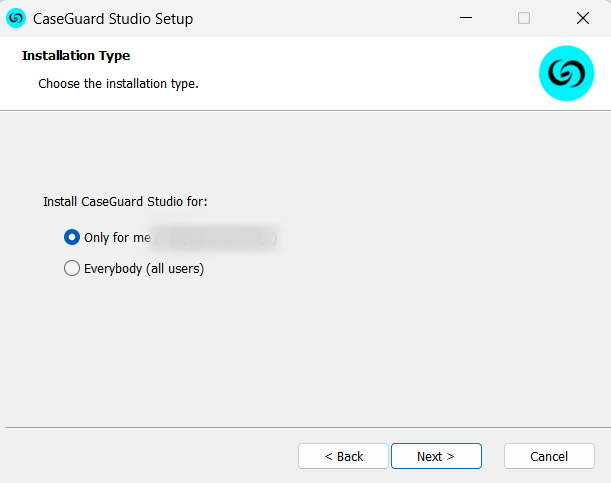 SetupFor | CaseGuard CaseGuard Studio Setup dialog prompting to choose install scope:'Only for me' or 'Everybody (all users)'.