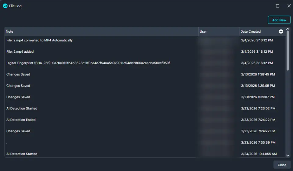 file-log-2 | CaseGuard Dark UI file log window listing recent notes with timestamps and a blue Add New button in the top-right.
