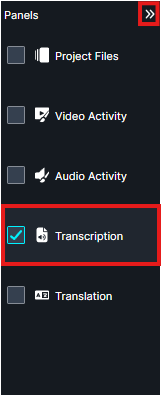 panel4 | CaseGuard Panel menu with options; Transcription is selected (checkbox checked).