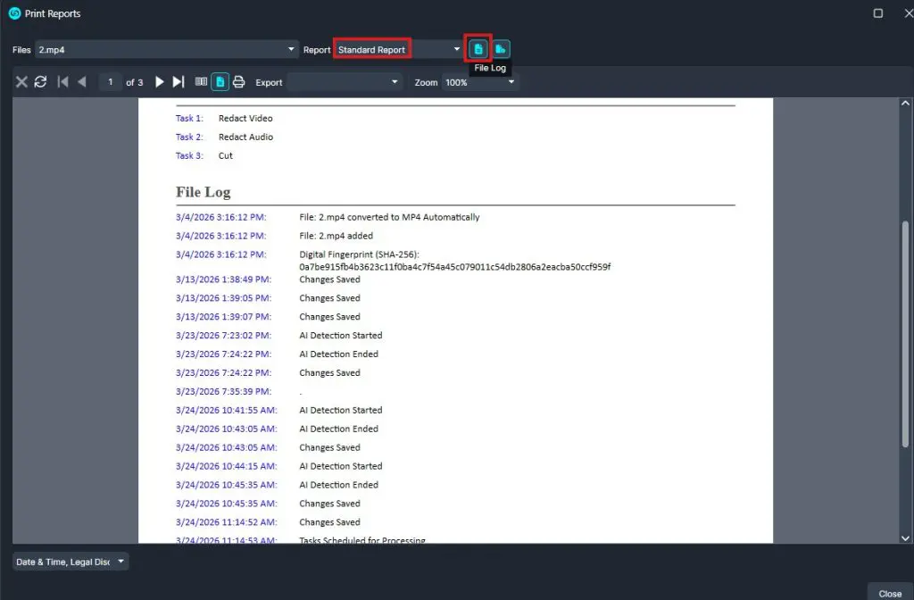 reports-1024x672 1 | CaseGuard Screenshot of a report viewer showing a 'File Log' page under 'Standard Report' with print/export controls at the top (UI toolbar visible).