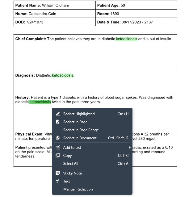 Screenshot of a patient chart showing demographics and visit details: William Oldham, age 50, nurse Cassandra Cain, room 1890, DOB 7/24/1973, Date/Time 08/17/2023 21:37; Chief Complaint and Diagnosis note diabetic ketoacidosis; History mentions type 1 diabetes with ketoacidosis episodes; Physical Exam and Vital Signs sections visible with a right-click context menu open (Redact Highlighted, Redact in Page, etc.).