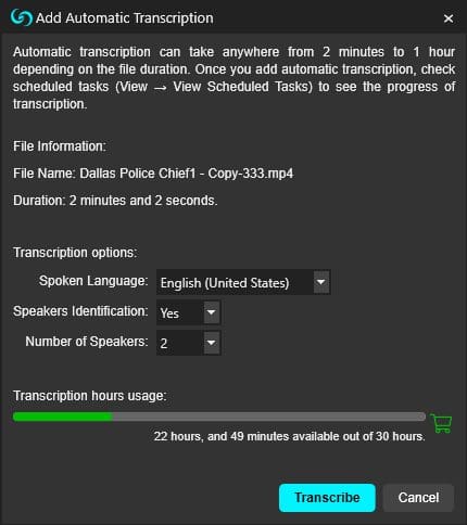 CaseGuard Studio Automatic Transcription Window