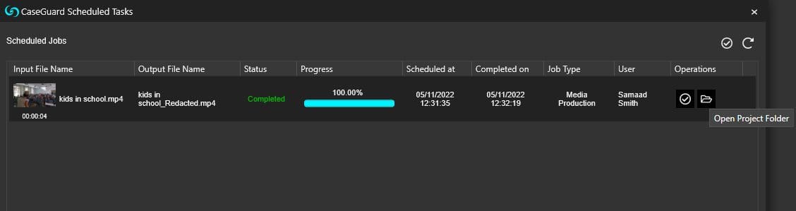 Pop-up window showing scheduled tasks list on CaseGuard Studio